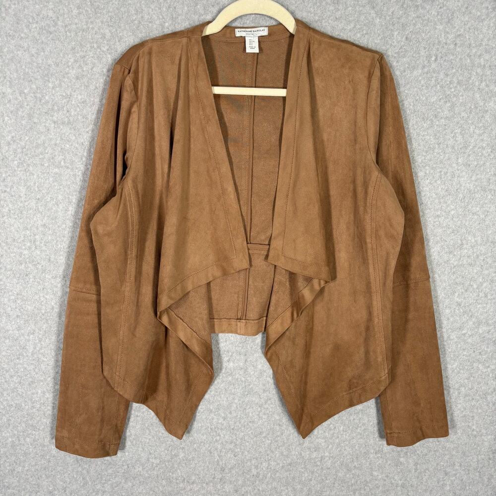 Katherine Barclay Jacket Large Moto Drape Faux Suede Cognac Camel Asymmetric